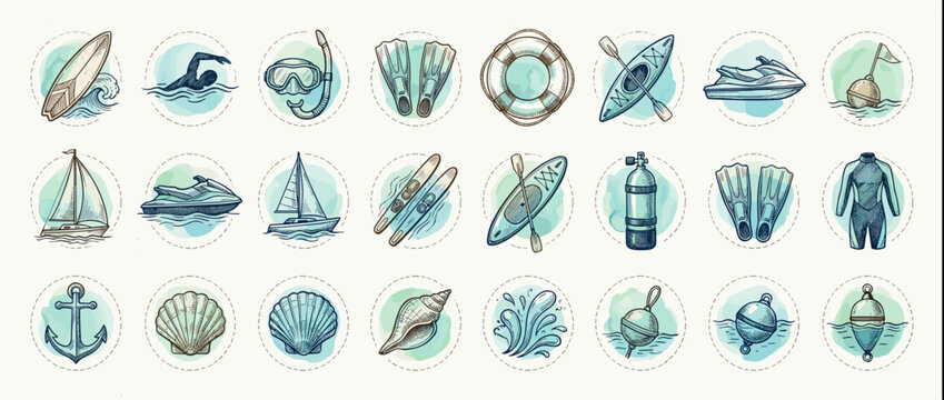 Nautical and Water Sports Icons Collection: Hand-Drawn Elements for Summer Fun