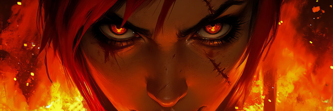 Fierce Gaze: powerful female warrior with glowing fiery eyes, battle scars, and red hair, engulfed in dramatic inferno background.