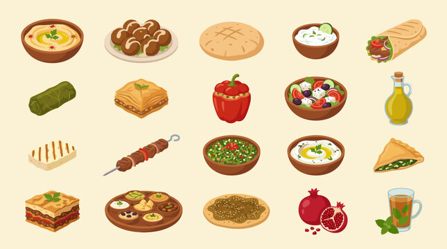 Vibrant collection of traditional Middle Eastern and Mediterranean food items