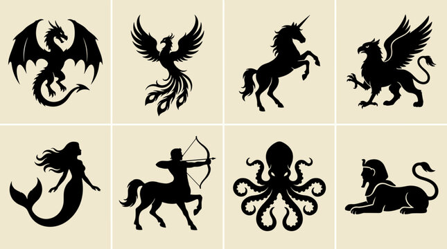 Collection of mythic creatures: dragon phoenix unicorn griffin mermaid centaur octopus sphinx
