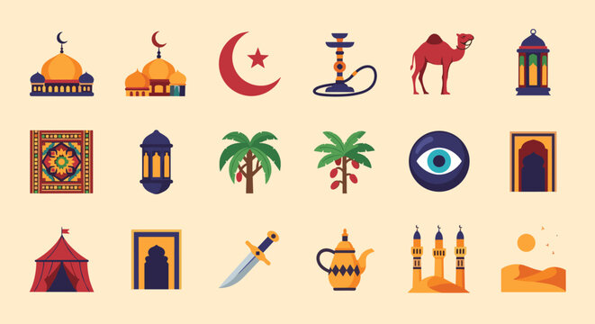 Middle Eastern Culture Icon Set: Desert Architecture and Traditional Items