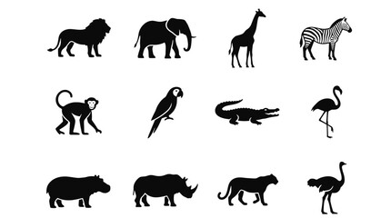 Fototapeta premium Collection of Minimalist Black Silhouettes Representing Twelve Wild Safari Animals