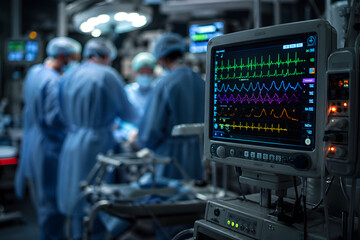Fototapeta premium Close-up of hospital patient monitor displaying vital signs in ICU, with blurred emergency team in background. High-tech healthcare equipment, critical care atmosphere, cinematic detail. 