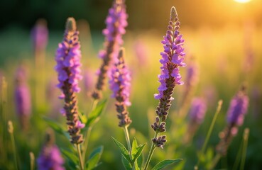 Obraz premium Purple flowers bloom in a sunny meadow. Gentle light illuminates petals and green leaves. Soft focus background shows more plants under warm sunlight.