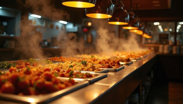 Hot food buffet line with steam rising from chafing dishes filled with various meals. Warm overhead lights illuminate the spread, creating an inviting atmosphere for diners seeking a quick meal.