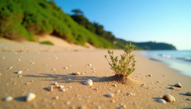 Small green plant grows on sandy beach with shells. Clear blue sky above calm sea. Rich green hill forms background. Sunlight warms seashore.