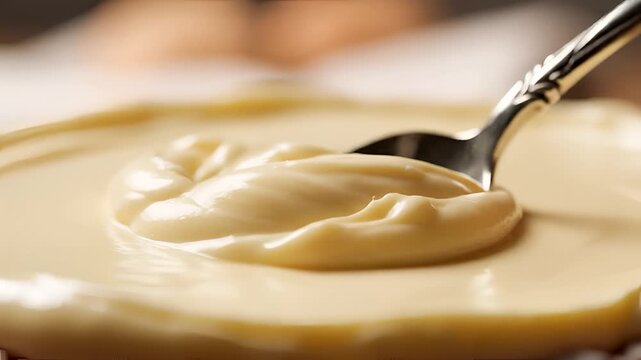 Closeup of creamy tahini sauce being scooped with a spoon.