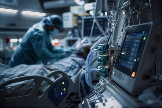 Intensive care unit with life support machines in sharp focus, blurred doctor in background, cinematic lighting, shallow depth of field, critical care technology and emergency atmosphere.
