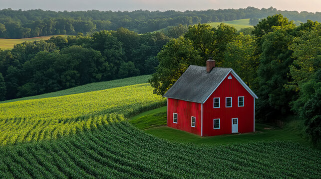 Idyllic Red Farmhouse Nestled Among Winding Rows of Lush Green Crops and Rolling Forested Hills, Capturing Serene Beauty of Timeless Rural Landscape under Gentle Sky