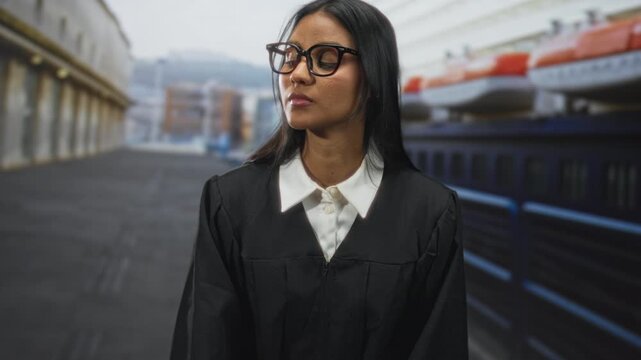 Woman judge in black robe looks sideways, face turned right, wearing glasses and white collar, standing near a waterfront building; contemplation.