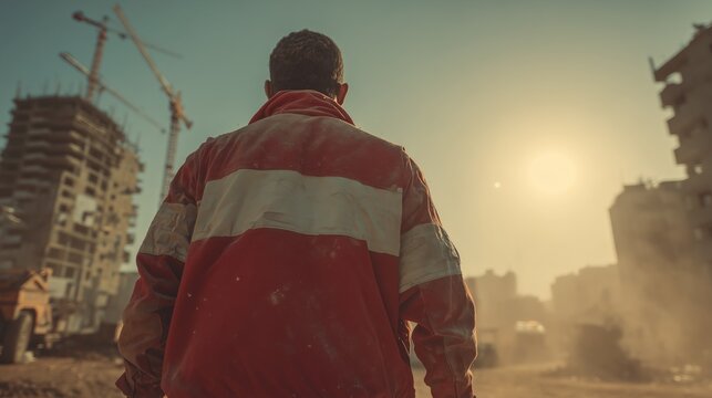 egyptian construction worker safety jacket cranes industrial site cinematic sunlight dust realistic portrait centered