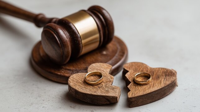 judge gavel divorce broken heart rings legal separation symbolic minimal studio concept top view