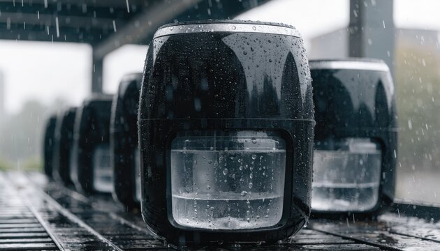 Closeup medium shot of dehumidifiers marked for rainy season rental main appliance crisp while others remain out of focus on display rack.