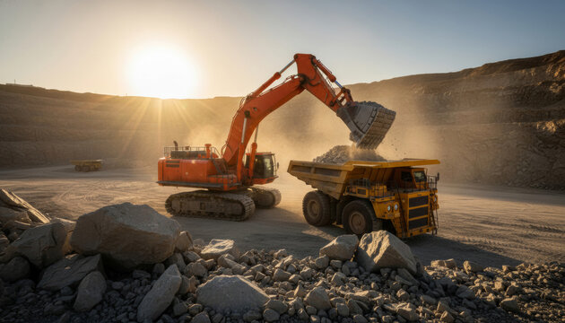 Large excavator loading dump truck in open pit mine at sunset