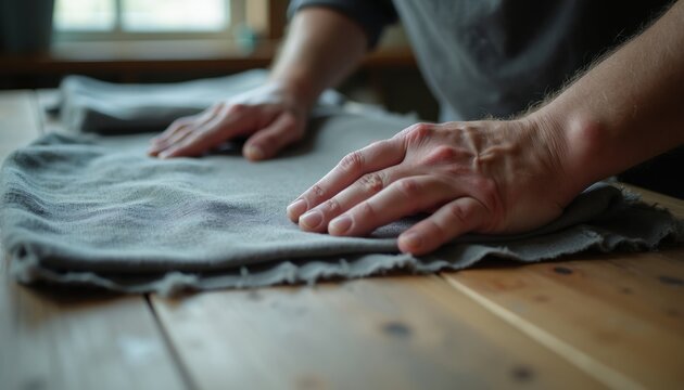 Hands smooth grey fabric on wooden table in workshop. Person works with textile material for sewing or craft. Close view of artisan skill indoors.