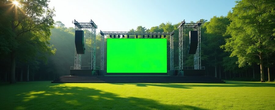 Outdoor stage with large green screen for events, performances. Metal rigging supports powerful sound speakers, lighting system. Grassy field offers ample space for audience gatherings, festivals.