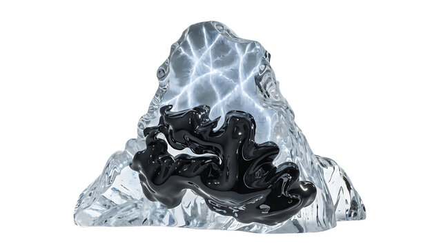 Abstract crystalline iceberg shape with black crud and reflective surface conveying cold contrast and glossy texture