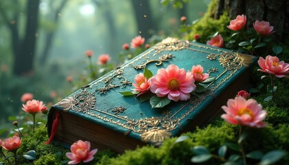 Naklejka premium Antique book with ornate gold trim rests in mossy forest clearing. Delicate pink flowers bloom around cover. Sunlight filters through trees creating magical atmosphere for fairy tales.