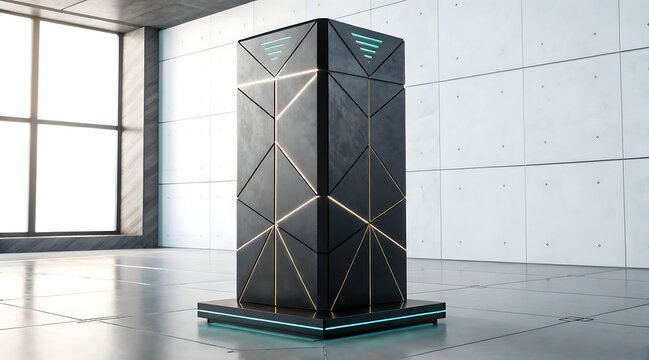 Futuristic geometric monolith with glowing lines in modern interior, sleek dark metal tower with illuminated accents and minimalist concrete walls