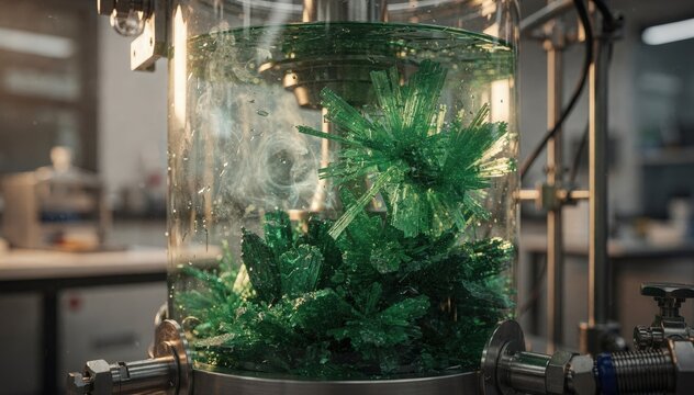 Green phthalocyanine pigment crystallizing within a hightemperature enclosed vessel highlighting industrial chemical processes in a laboratory setting.