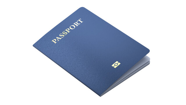 Blank blue passport with biometric chip symbol on isolated white background. Generic passport template mockup with no text minimal design. Realistic 3D rendering
