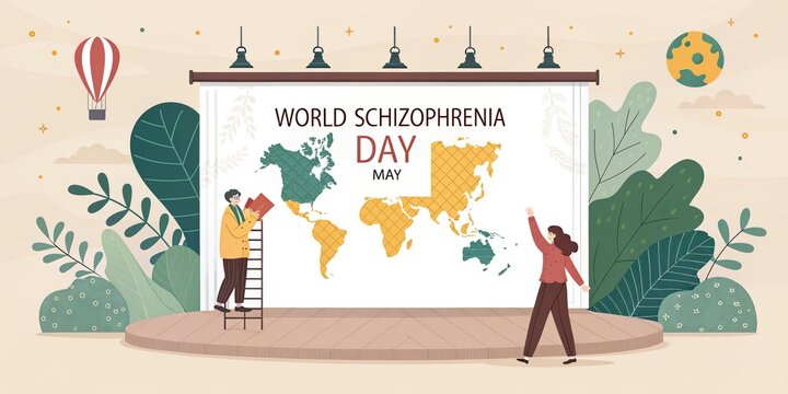 World Schizophrenia Day awareness concept with people and world map mental health support theme