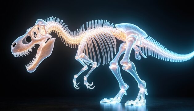 Luminous transparent Tyrannosaurus Rex skeleton glows on dark background. Shows intricate bone structure of extinct dinosaur. Digital art illustrates prehistoric anatomy.