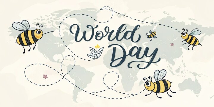 World bee day cute bees flying over map global ecology awareness banner