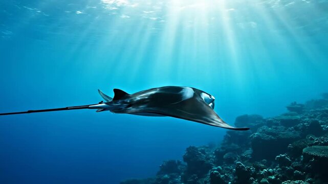 Manta Ray Glides Through Sunlit Ocean Currents
