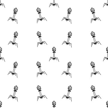 Seamless pattern of bacteriophage, virus that infects and replicates within bacteria. Biology science, black and white bacteriophage background.