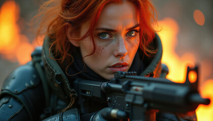 Obraz premium Woman soldier with red hair aims rifle in combat. Fire rages behind her as she focuses intensely. Her determined expression and futuristic armor suggest a battle for survival in a dangerous world.