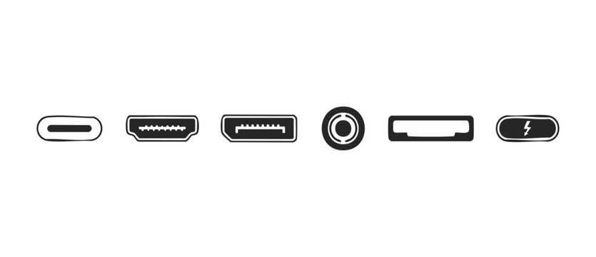 Computer Port Icons Set, Data Transfer Interface Connectors, Electronic Cable Plugs Vector Symbol Collection for Hardware Technology, Connectivity Equipment, Digital Device Peripheral Input and Output