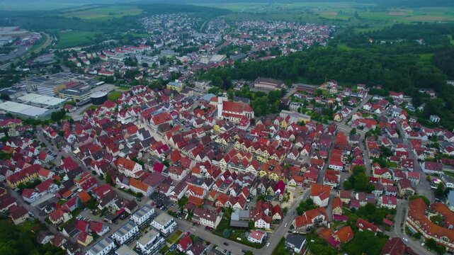 Aerial view of the city Giengen in Germany, Bavaria on a sunny day in Spring