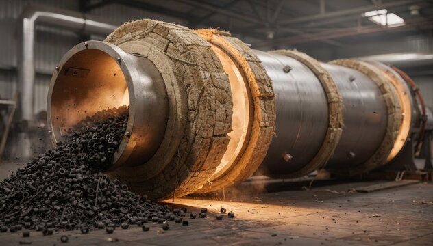 Insulated rotary drum dryer captured in medium shot thick protective layers encasing the rotating cylinder to retain heat while drying rubber granules emphasizing energy efficiency