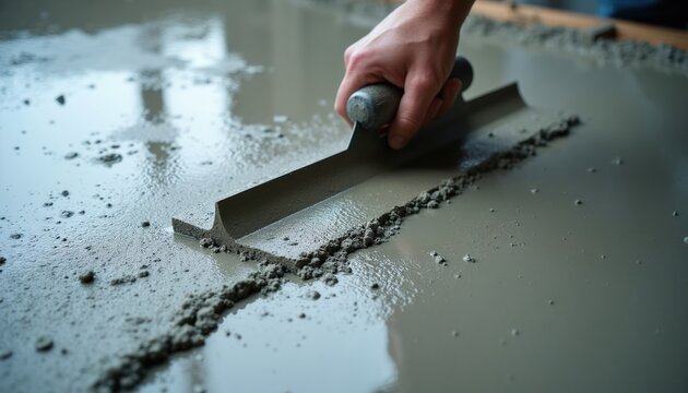Hand uses trowel tool to smooth wet concrete mixture on construction site floor. Builder levels fresh cement creating flat surface for building. Skilled trade work in progress.