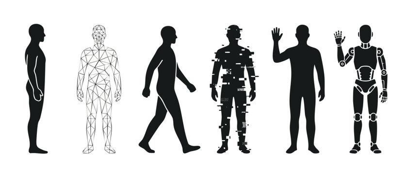 Human Evolution Silhouette Set: From Digital Wireframe and Glitch to Artificial Intelligence Robot Design for Technology Concept and Future Science Progress Illustration, Isolated on White Background