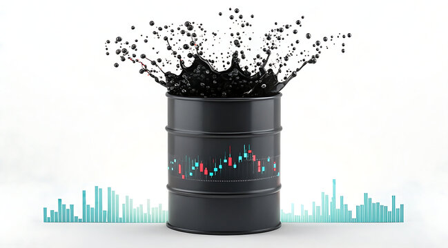 Digital barrel of oil cracked open with black oil splash, financial chart overlay showing market volatility and trading data, dramatic energy