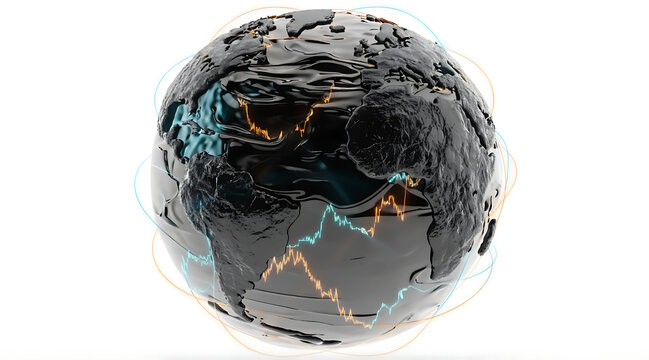 Floating crude oil globe wrapped with glowing market graph lines and energy flow, glossy black planet surface showing continents and financial