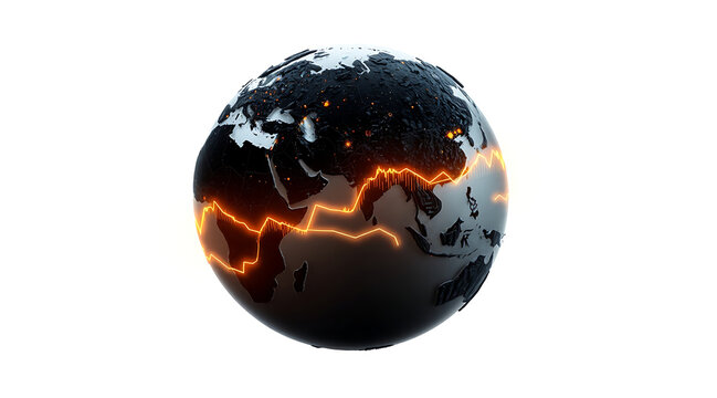Globe oil spill with glowing fault line, floating crude oil globe with molten orange seam and reflective black surface, dramatic environmental