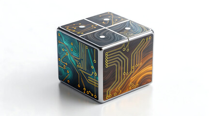 Obraz premium Luxury chrome cube partially filled with swirling teal and amber patterns and circuit board traces conveying futuristic technology and elegance