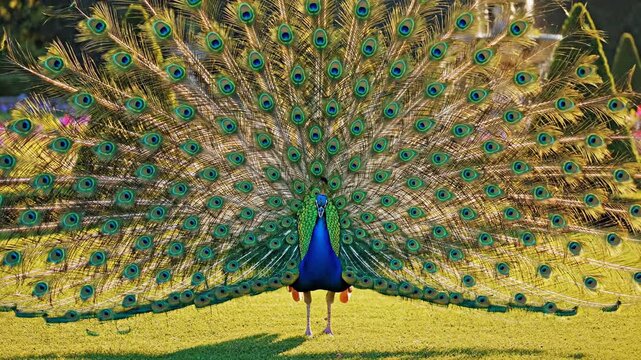 Peacock Displays Its Iridescent Tail Feathers