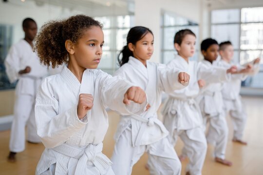 Children practice martial arts in a bright studio