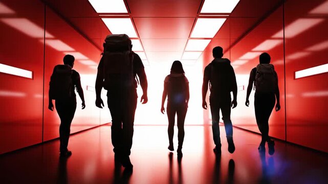 Silhouettes of five backpackers walking down futuristic red corridor