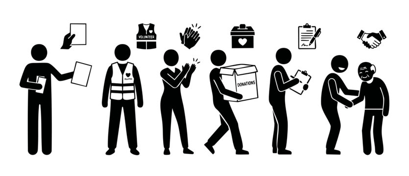 Volunteer Charity Work Icons Set with Donation, Helping Elderly and Community Support Symbols for Non-Profit Organizations, Social Services and Philanthropy Pictograms in Minimalist Black and White St