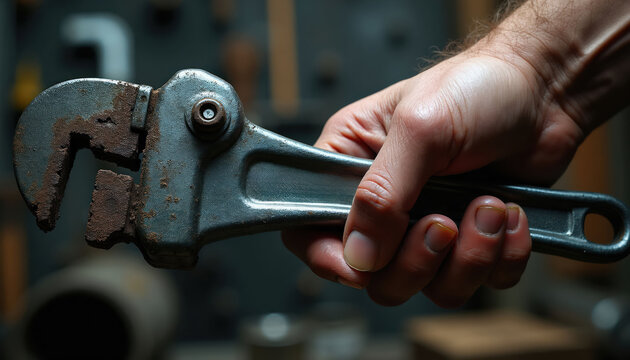 Man holds rusty pipe wrench tool. Hand grips adjustable spanner for plumbing, repair, and maintenance tasks. Close-up of hardware in workshop setting.