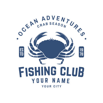 Crab fishing club badge vector illustration with ocean adventures and crab season vintage nautical emblem for t shirt print sticker isolated background