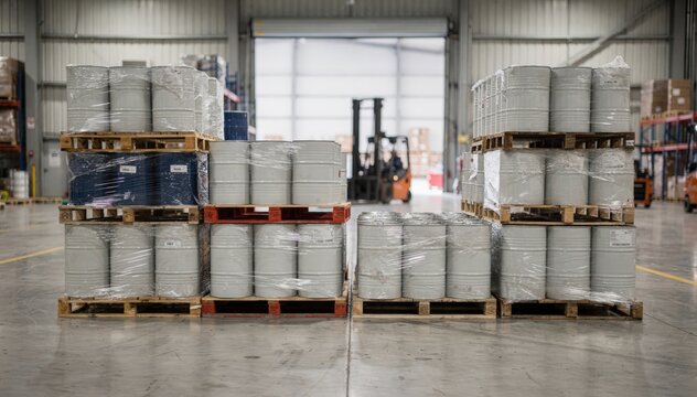 Medium shot focusing on mixed pallets with both shrinkwrapped and open lubricant drums in an industrial loading bay emphasizing efficient storage and organization.