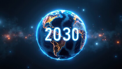 Fototapeta premium Digital year 2030 on glowing Earth globe. Blue planet with bright city lights shows global progress and future tech. Abstract space background with stars and nebulae.