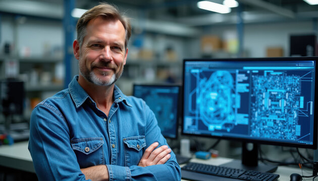 Man with beard in denim shirt smiles with crossed arms near computer displaying complex circuits. Engineer works in modern tech lab with digital screen.