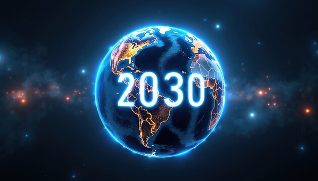 Digital year 2030 on glowing Earth globe. Blue planet with bright city lights shows global progress and future tech. Abstract space background with stars and nebulae.